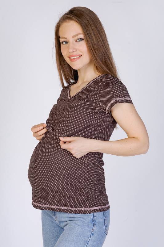 Арт. Ф15072 Футболка для беременных и кормящих цвет горошки на коричневом
